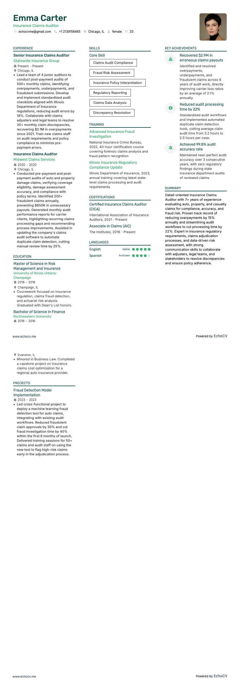 Auditeur de sinistres d’assurance example resume