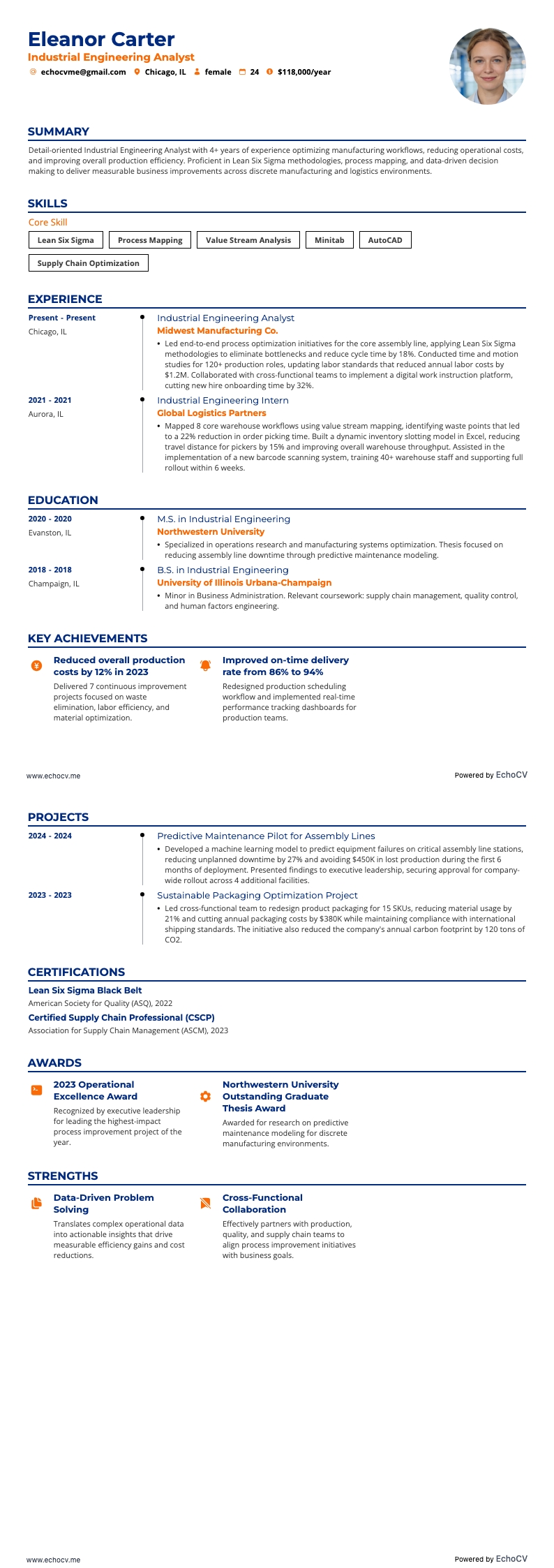 산업공학 분석가 example resume