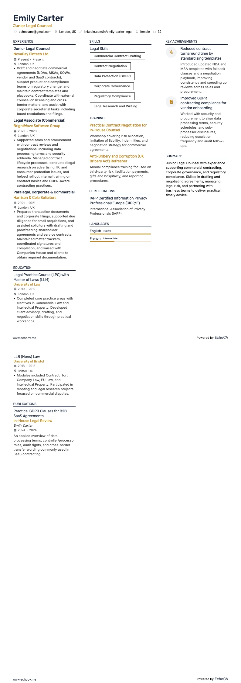 Consulente legale junior resume example