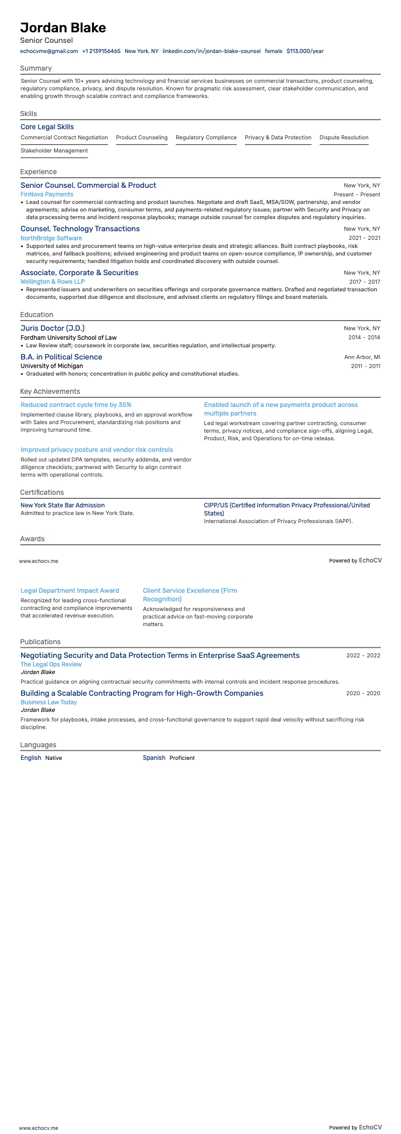 Cố vấn pháp lý resume example