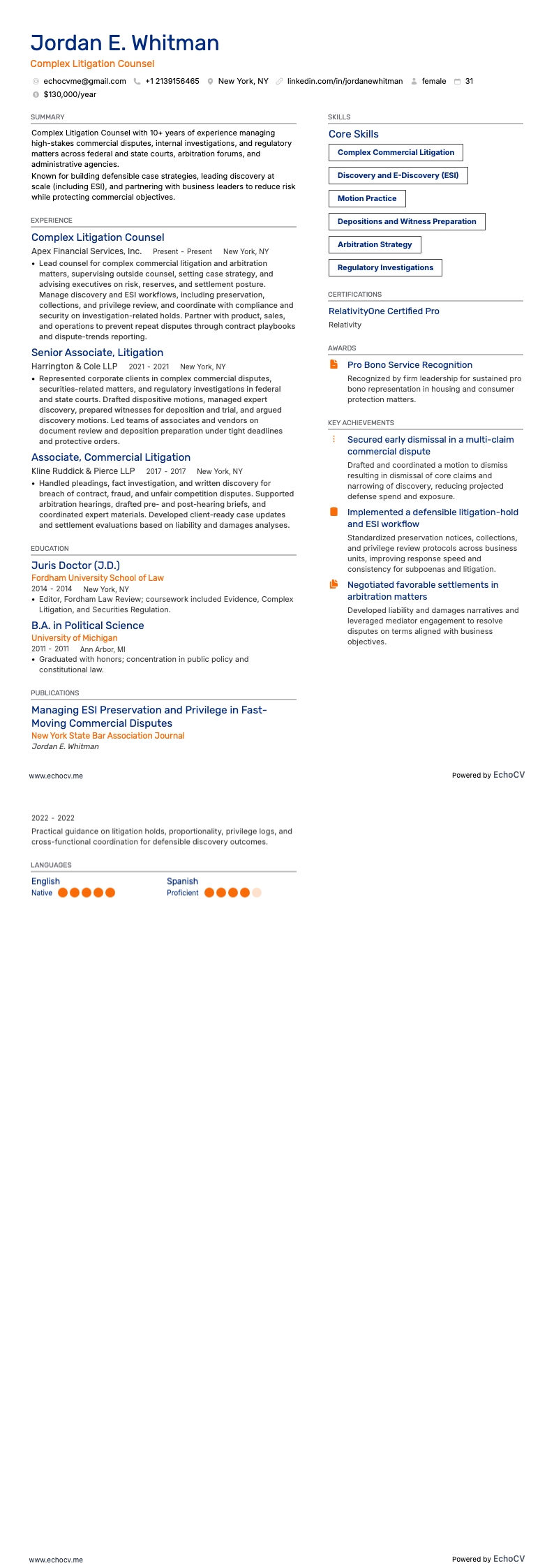 Complex Litigation Counsel example resume