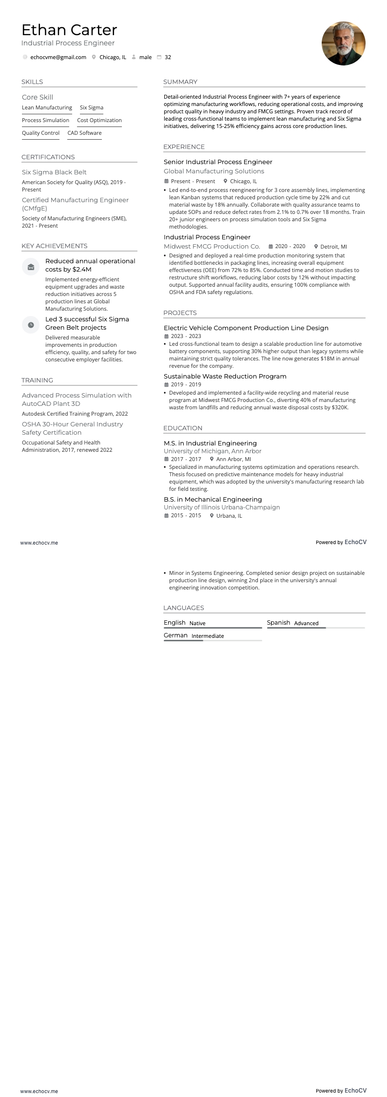 산업 공정 엔지니어 example resume