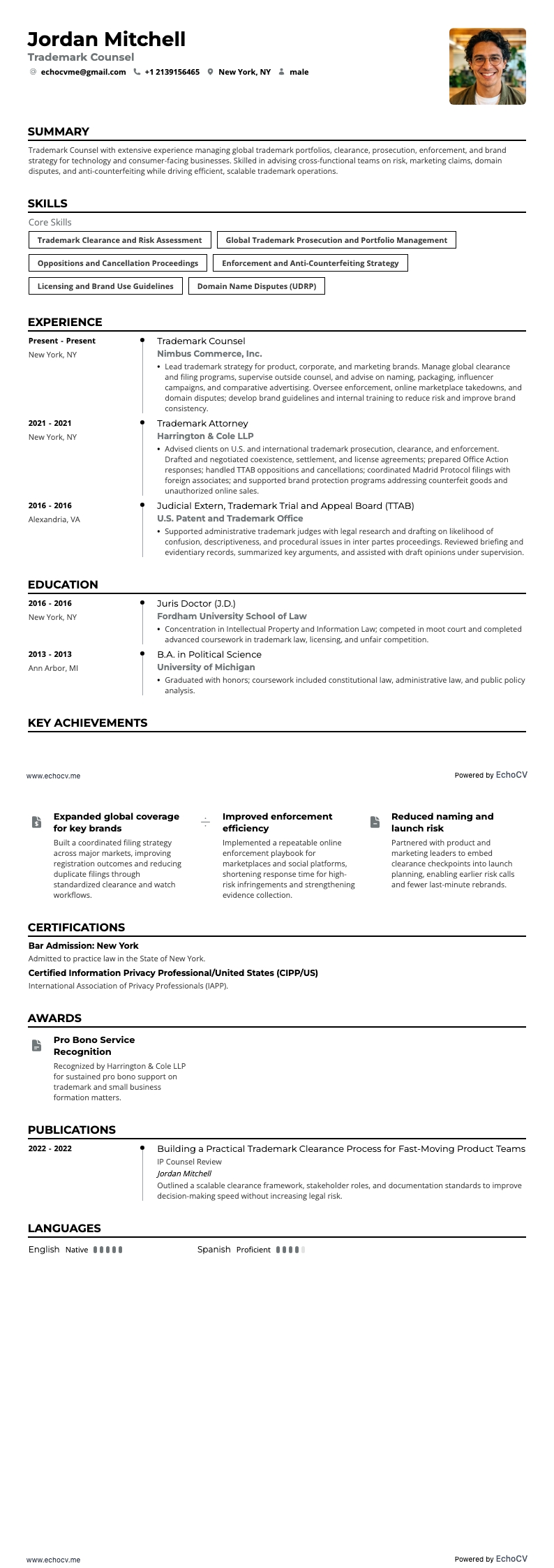 Abogado de marcas example resume