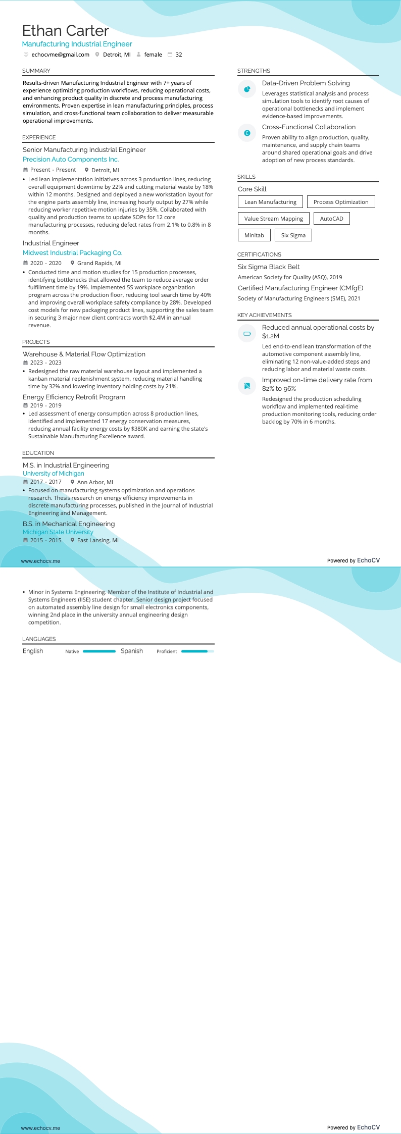 제조 산업 엔지니어 example resume