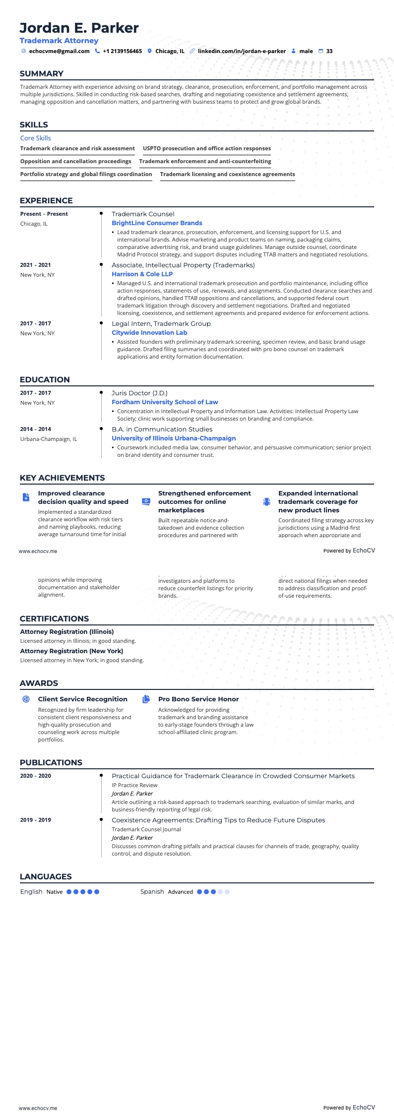 Abogado de marcas resume example