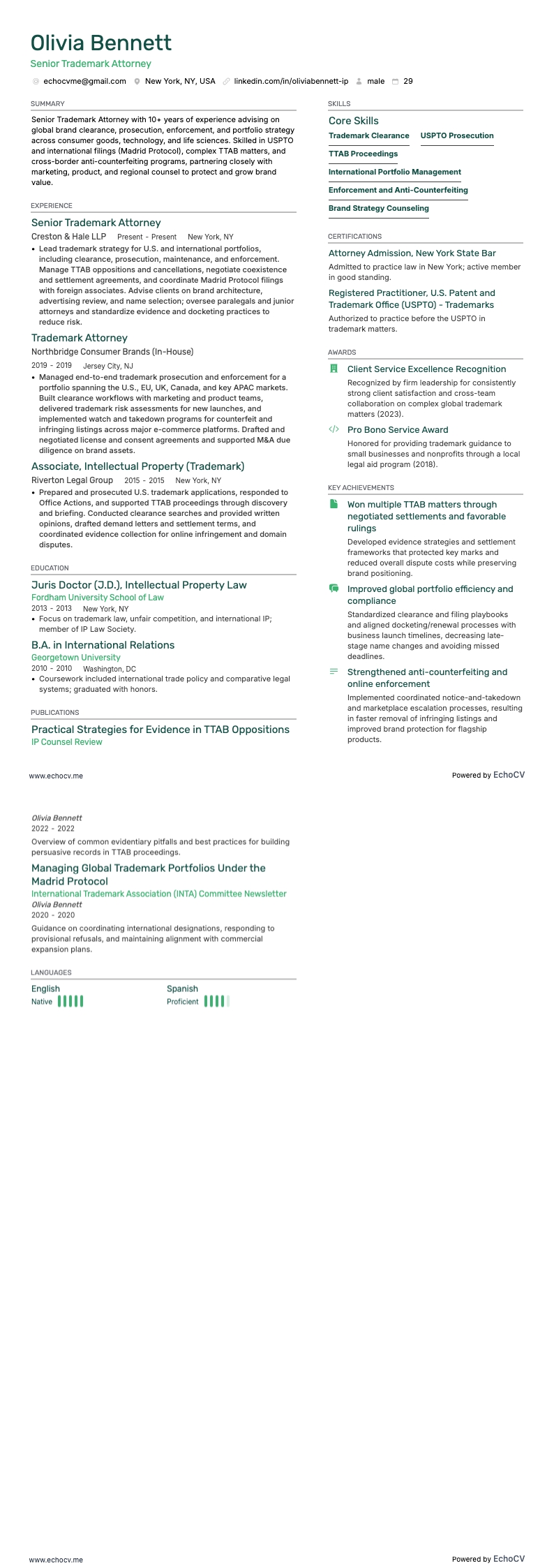 Abogado sénior de marcas example resume