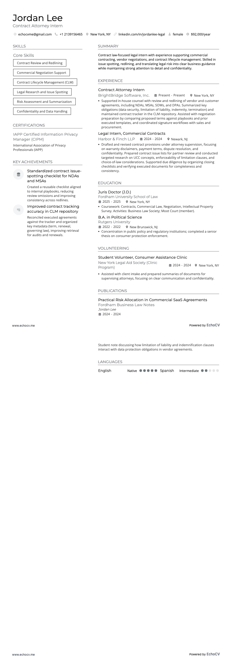 Contract Attorney Intern example resume