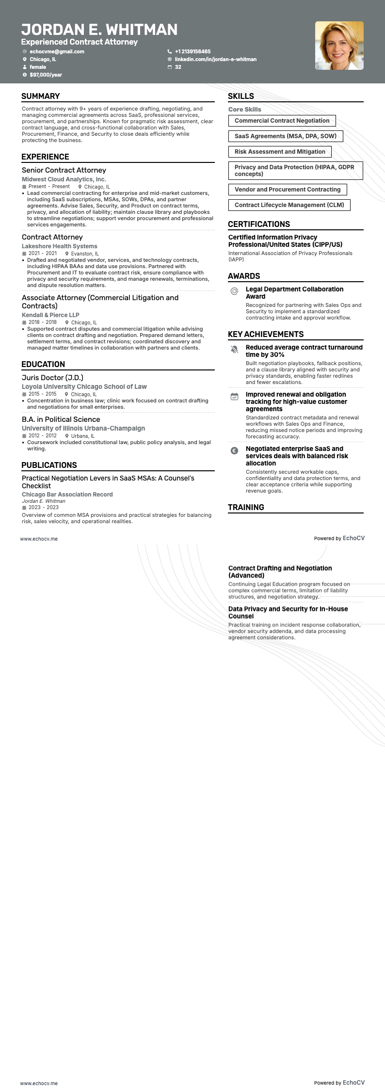 Experienced Contract Attorney example resume