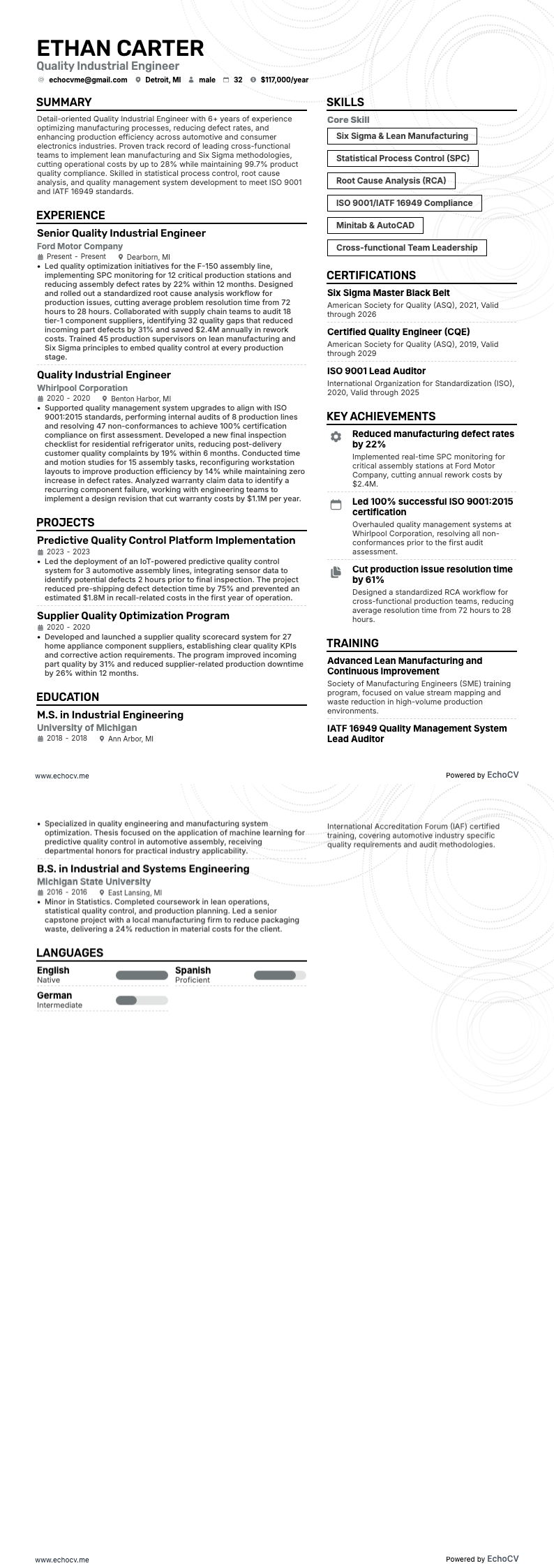 품질 산업 엔지니어 example resume