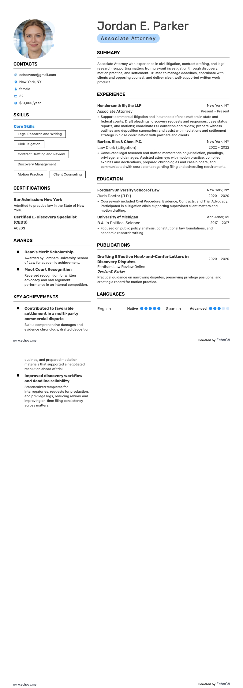 Associate Attorney example resume