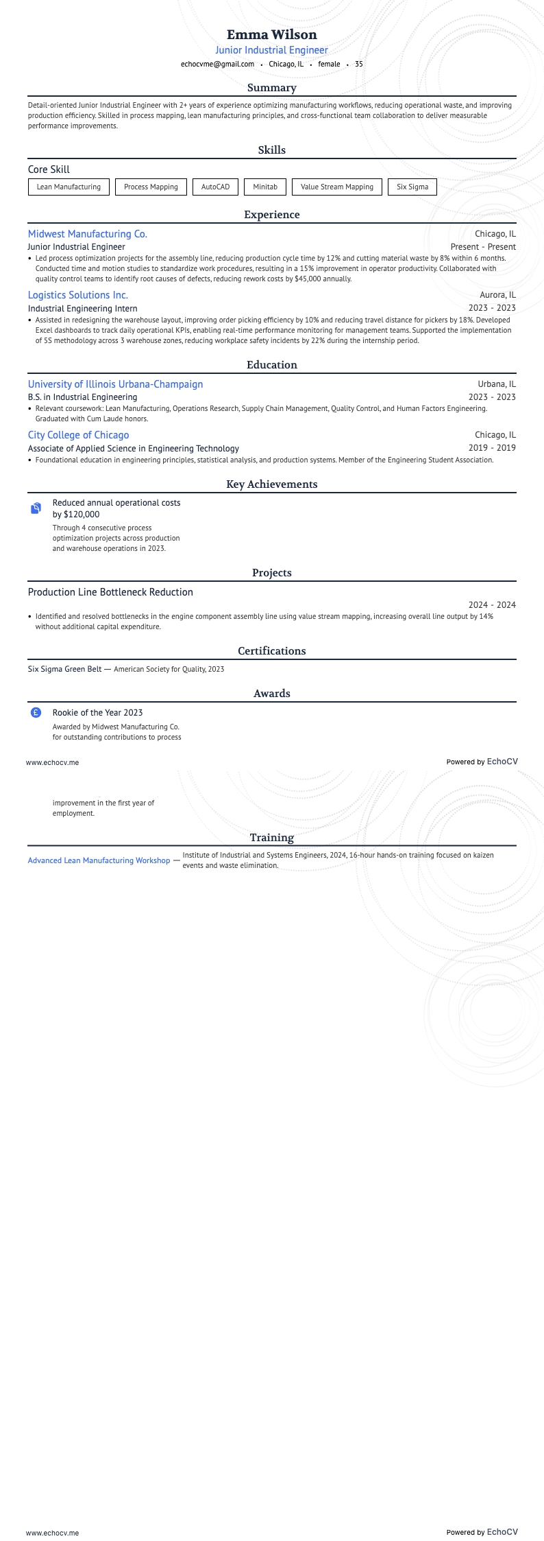 주니어 산업 엔지니어 example resume