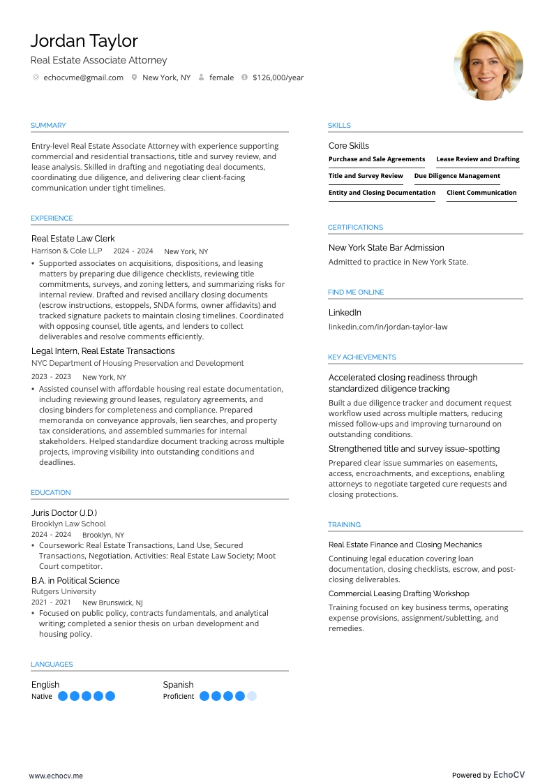 Real Estate Associate Attorney example resume