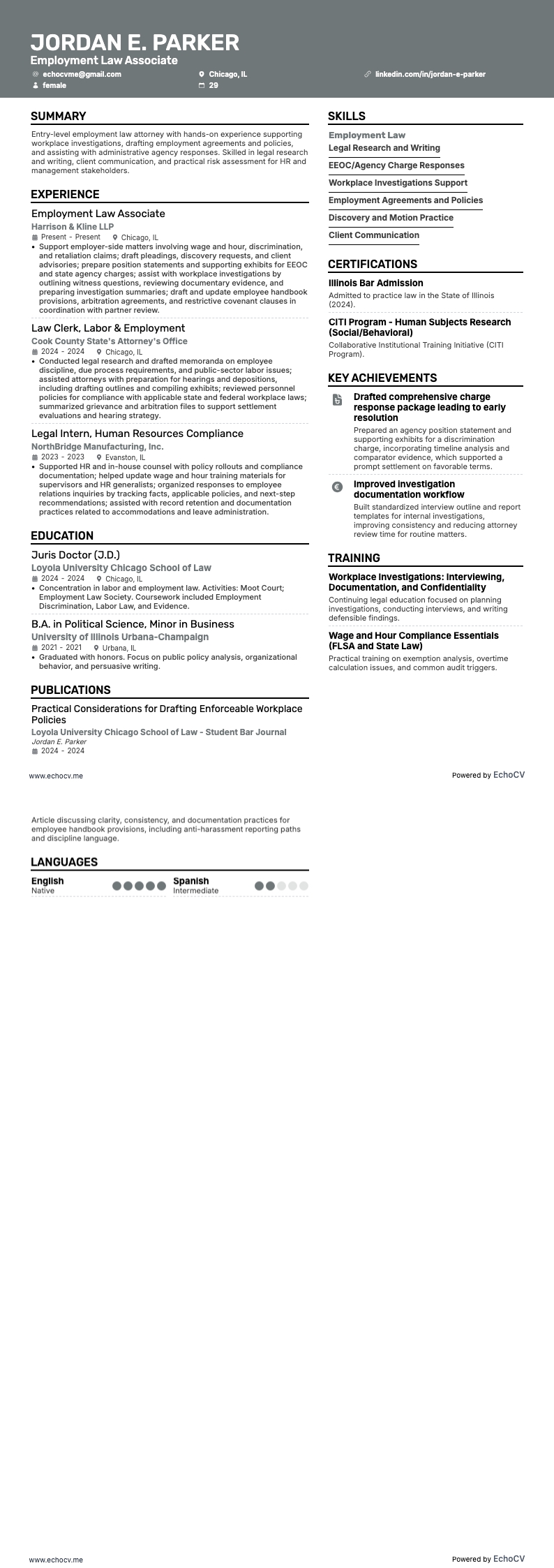 Employment Law Associate example resume