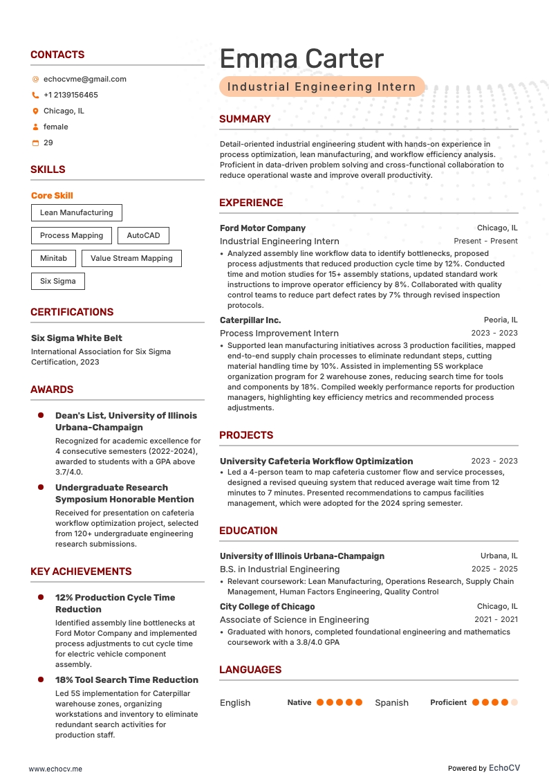 산업공학 인턴 example resume