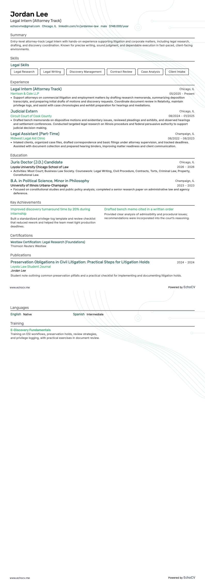 Legal Intern (Attorney Track) example resume