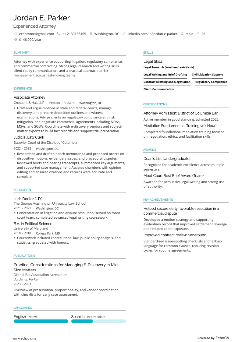Experienced Attorney example resume