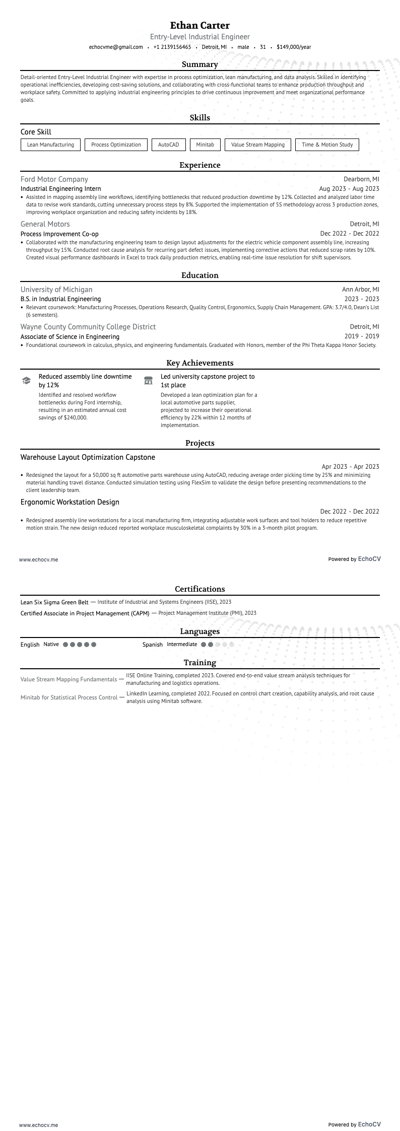 신입 산업공학 엔지니어 example resume