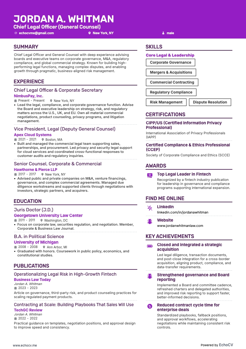 Chief Legal Officer example resume