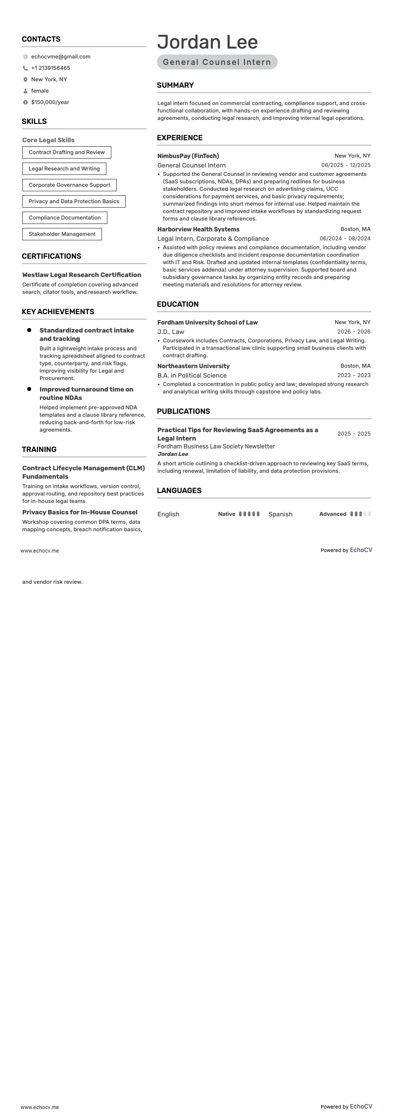 General Counsel Intern example resume