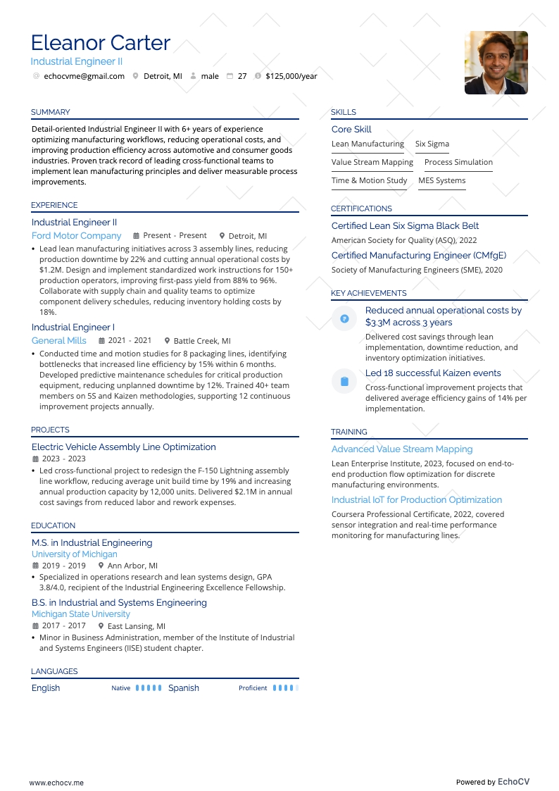 산업공학 엔지니어 II example resume