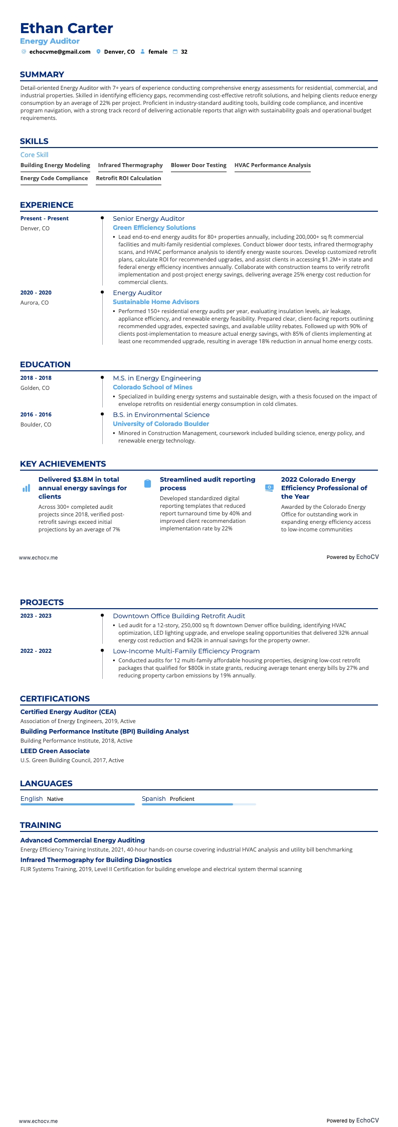 Auditeur énergétique example resume