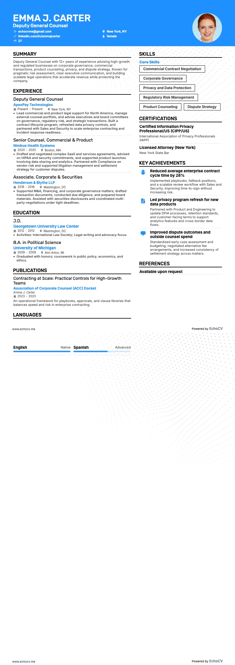 Deputy General Counsel example resume