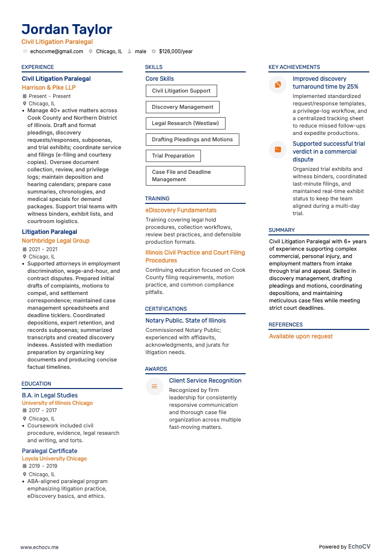 Civil Litigation Paralegal example resume