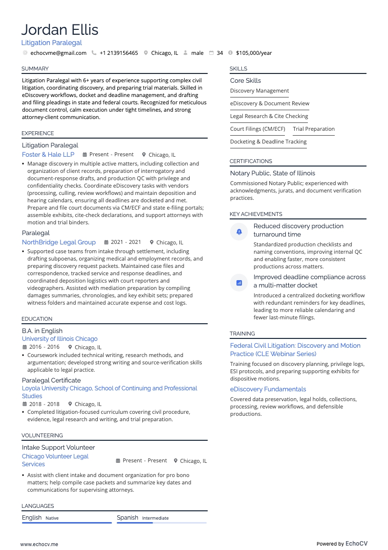 Litigation Paralegal example resume