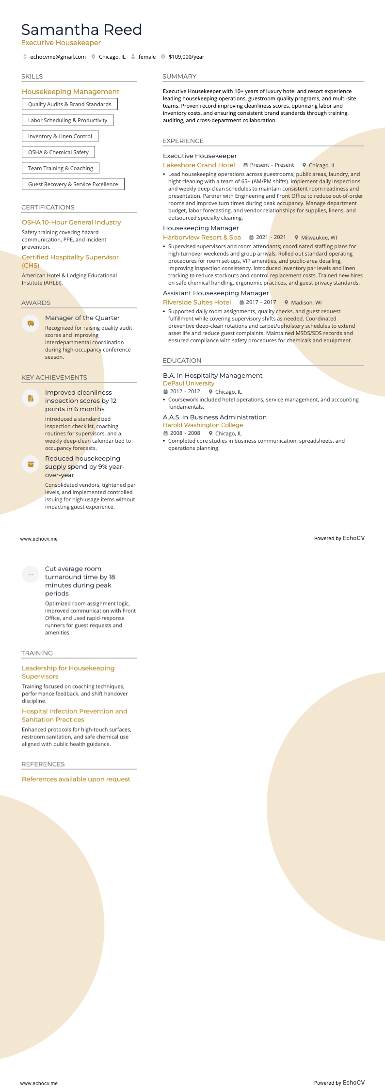 Responsable housekeeping resume example