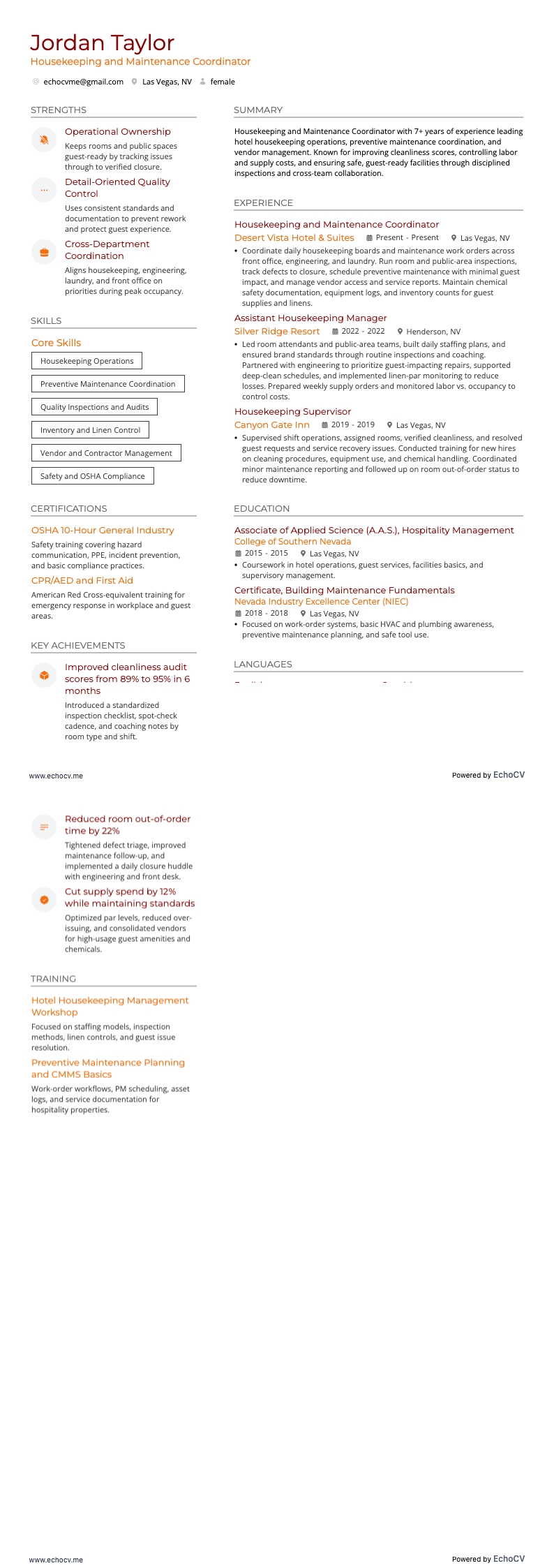 Gerente de limpieza resume example