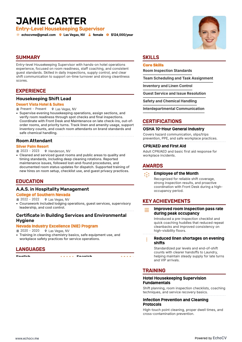 하우스키핑 매니저 resume example