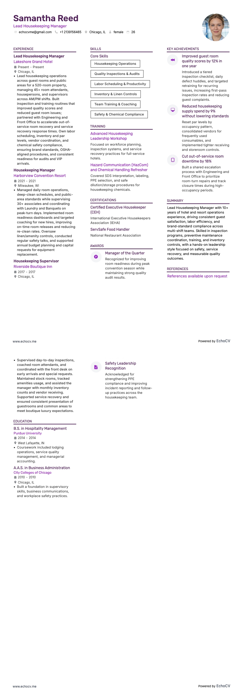 Responsabile housekeeping resume example