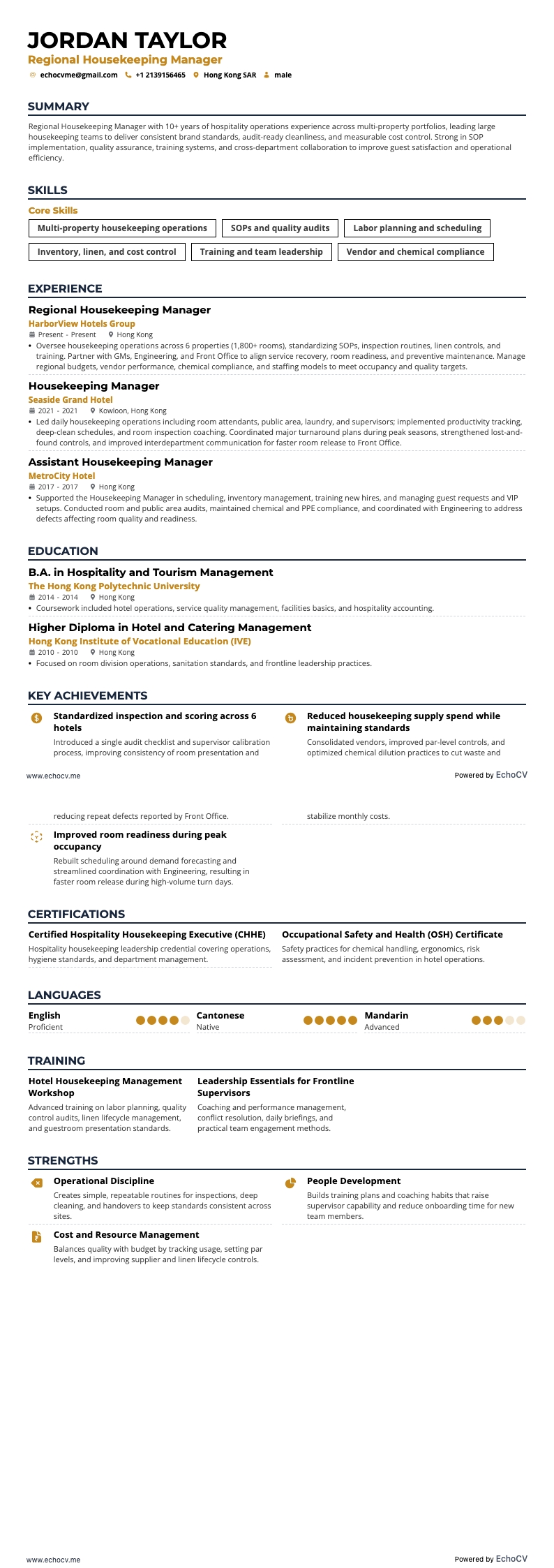 Quản lý bộ phận buồng phòng resume example