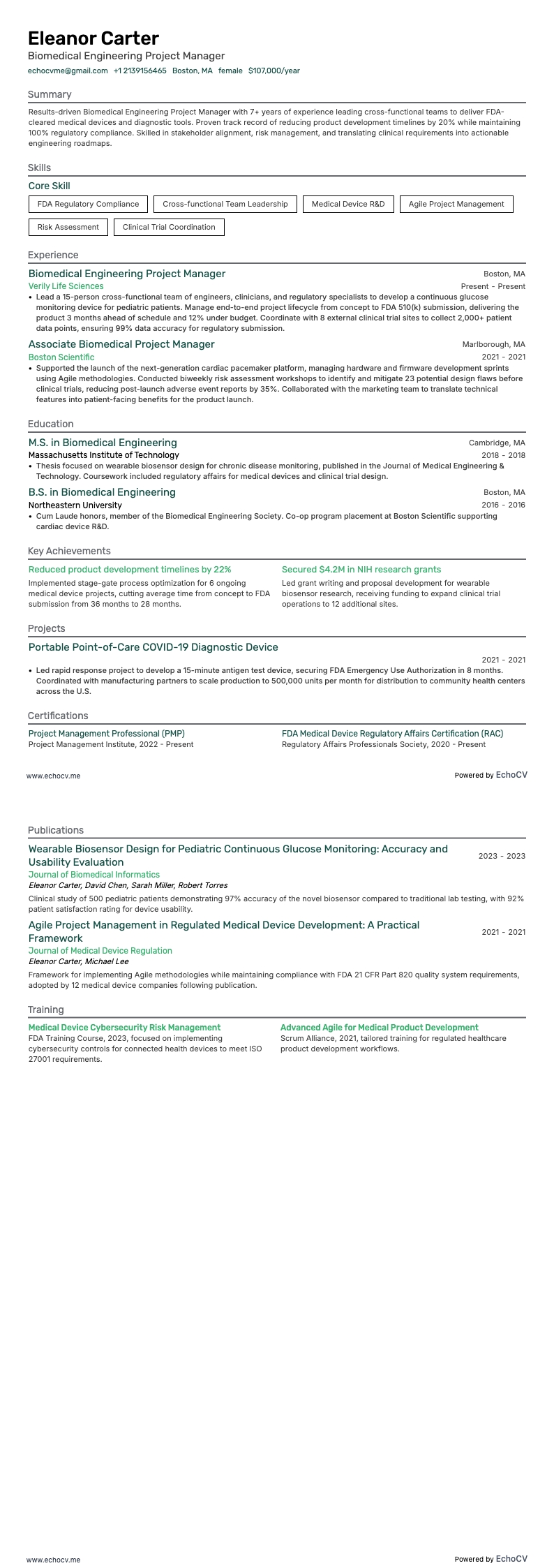 生物醫學工程專案經理 example resume