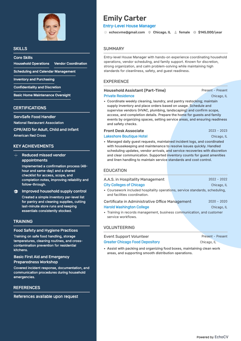 Quản lý nhà ở resume example