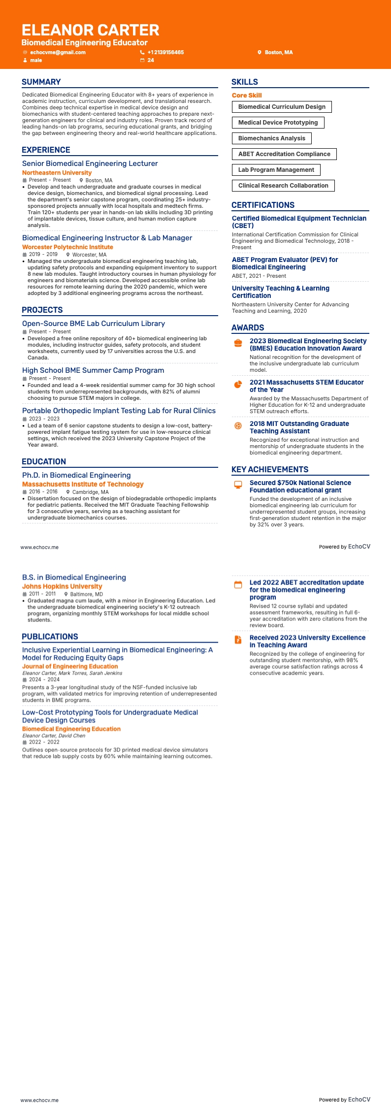生物醫學工程教育者 example resume