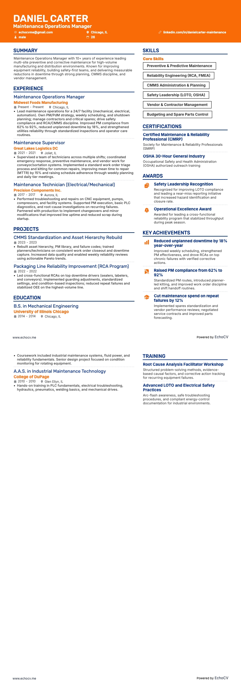 Gerente de Mantenimiento resume example