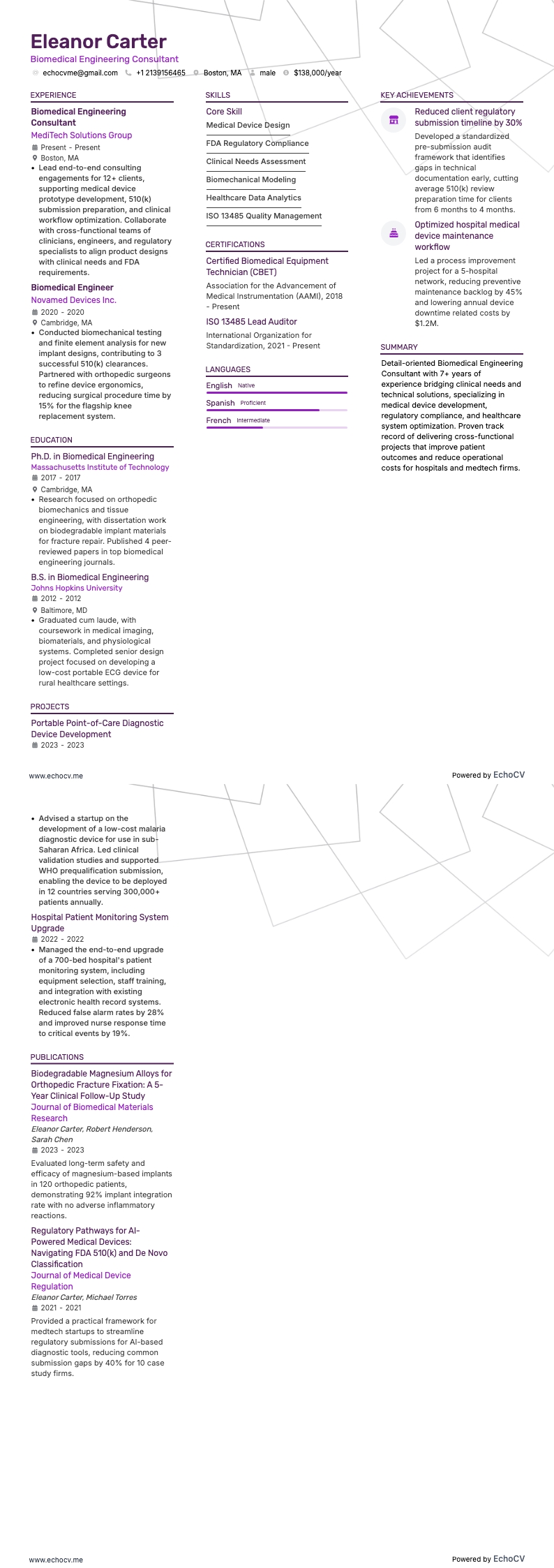 生物醫學工程顧問 example resume