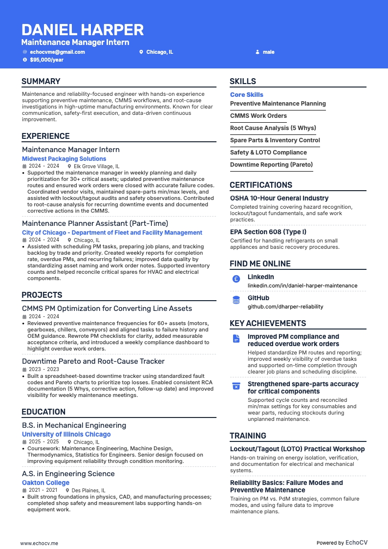 Thực tập sinh quản lý bảo trì example resume