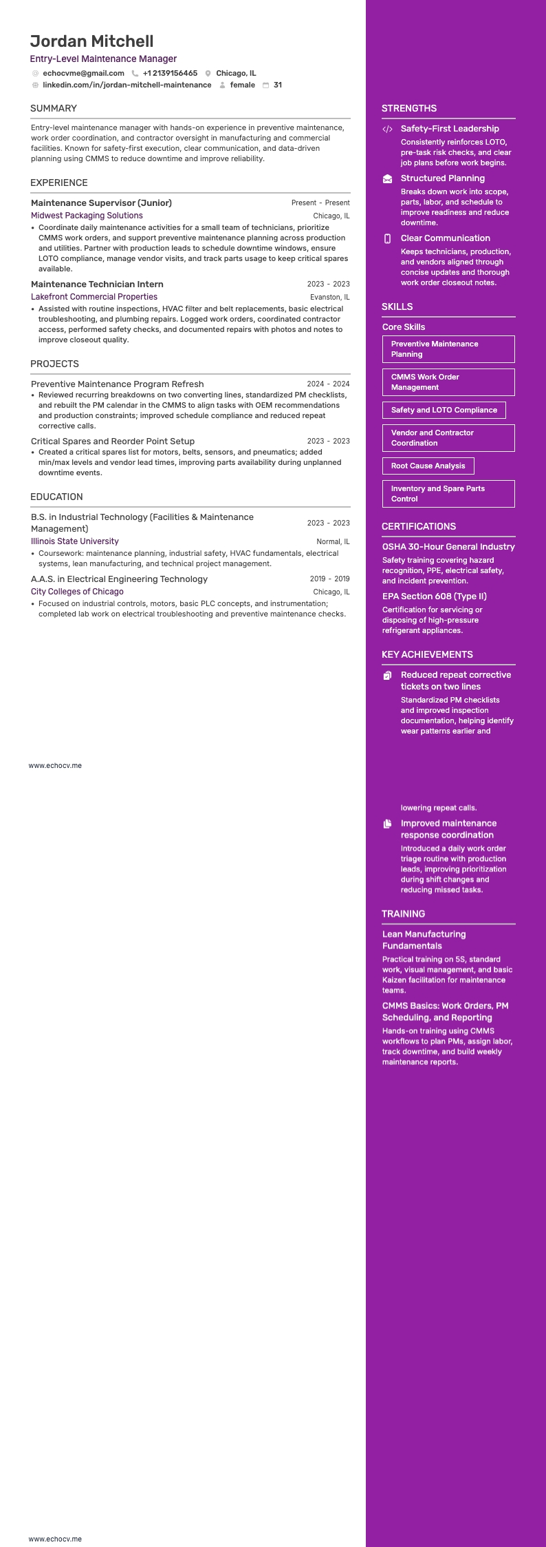 Quản lý bảo trì resume example