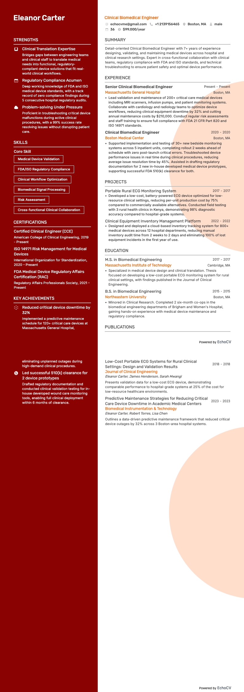 臨床生物醫學工程師 example resume