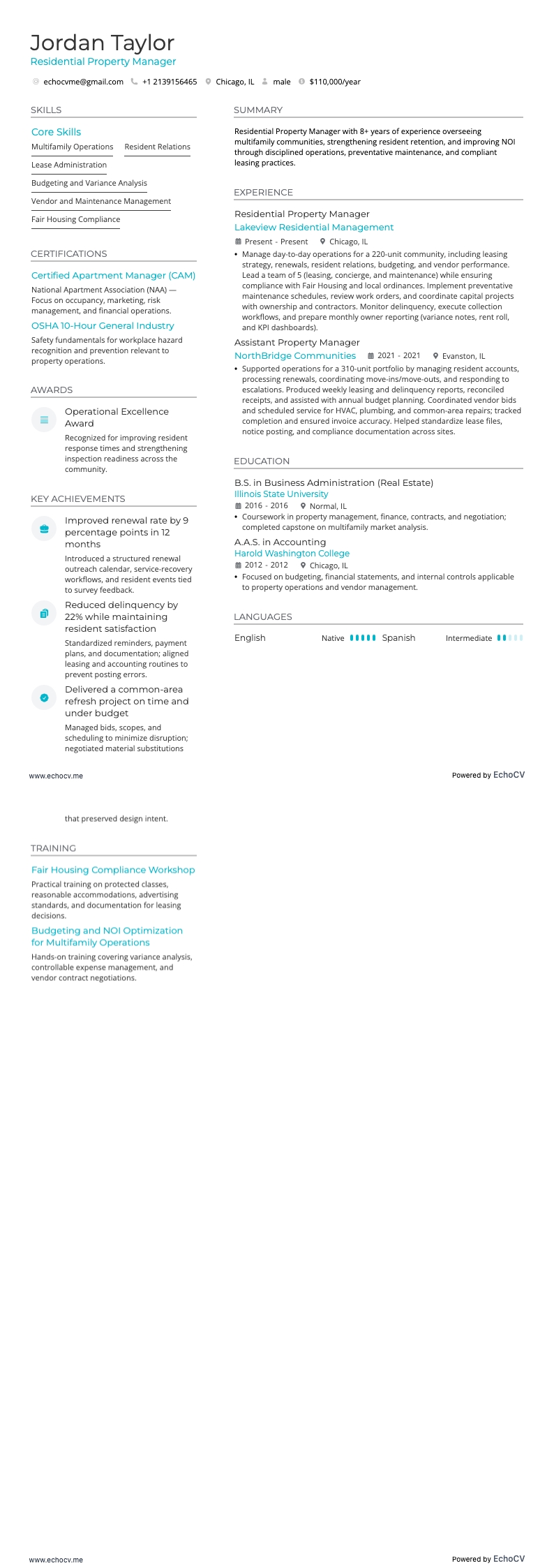 Administrador de propiedades residenciales resume example