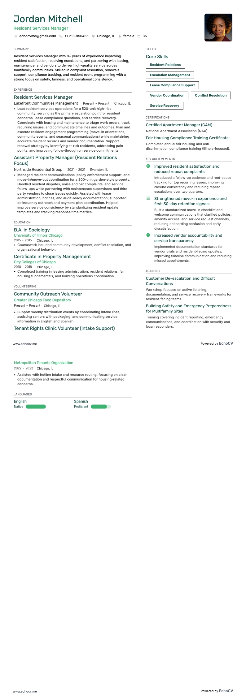 Gerente de Servicios para Residentes example resume