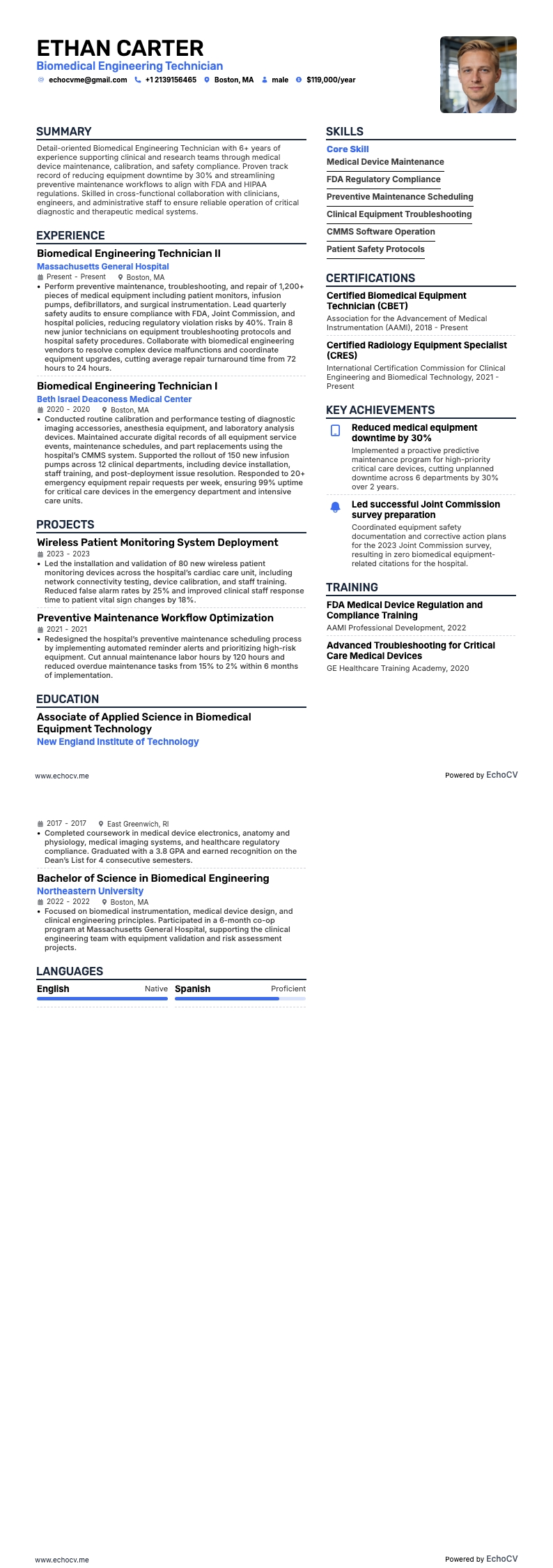 生物醫學工程技術員 example resume