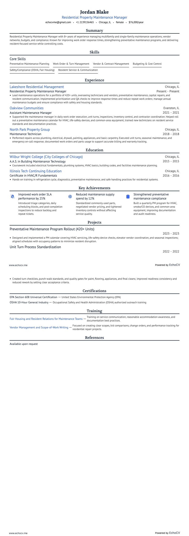 Gestionnaire de biens résidentiels resume example