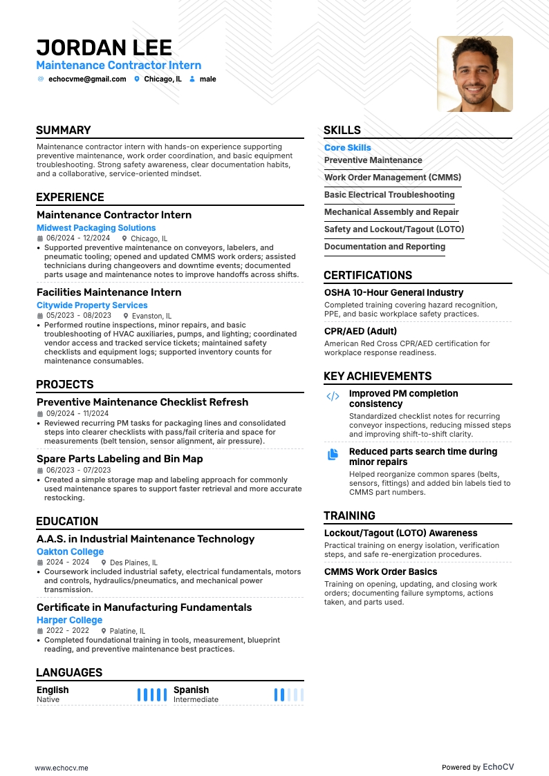 Praktikant im Wartungsvertrag example resume