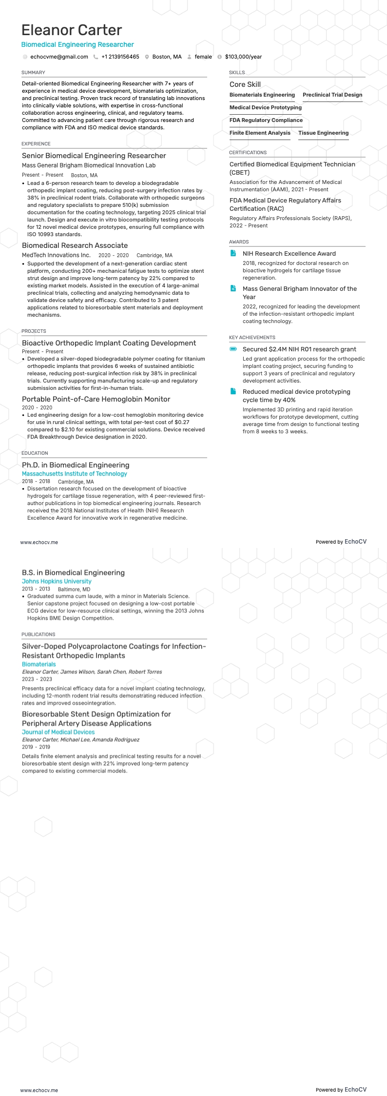 生物醫學工程研究員 example resume