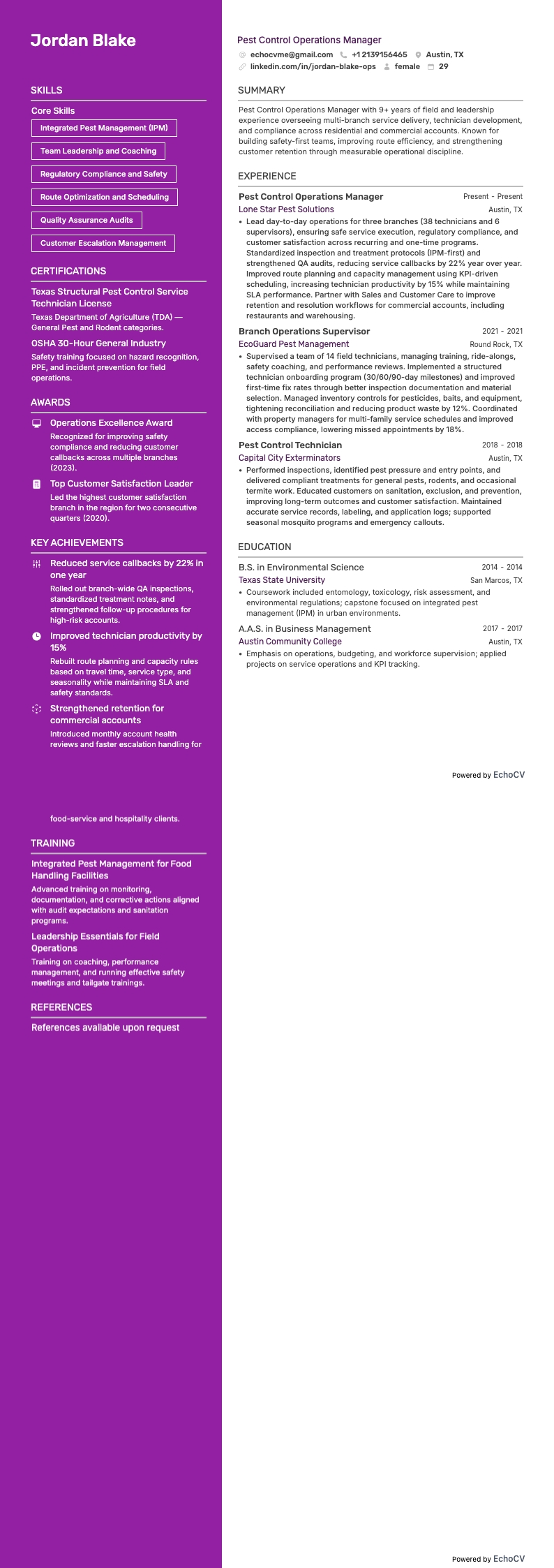 Operationeel manager ongediertebestrijding resume example