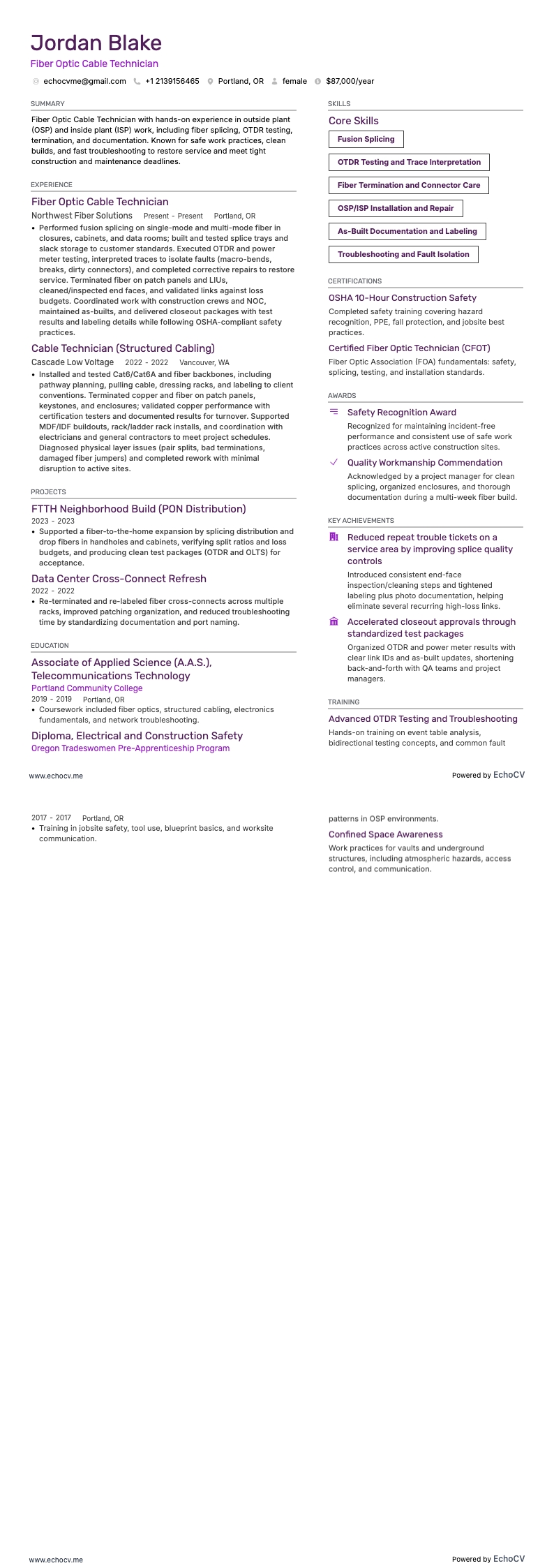 Fiber Optic Cable Technician example resume