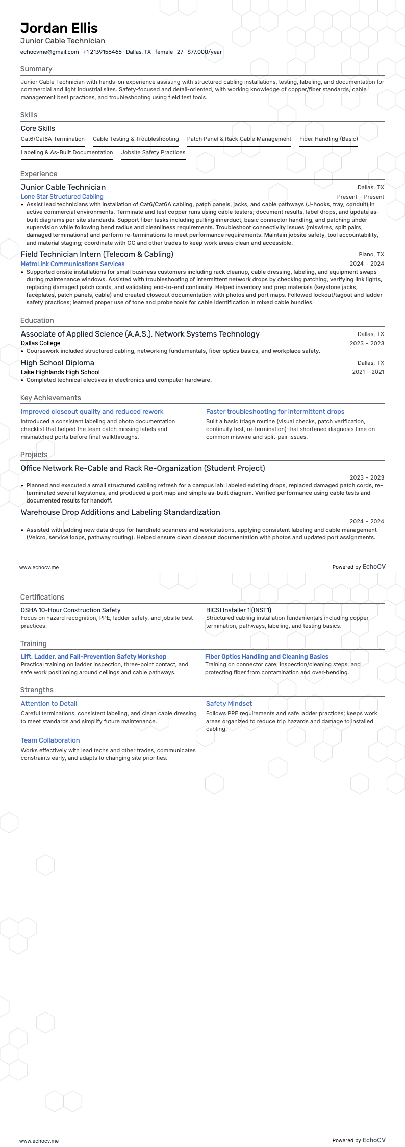 Junior Cable Technician example resume